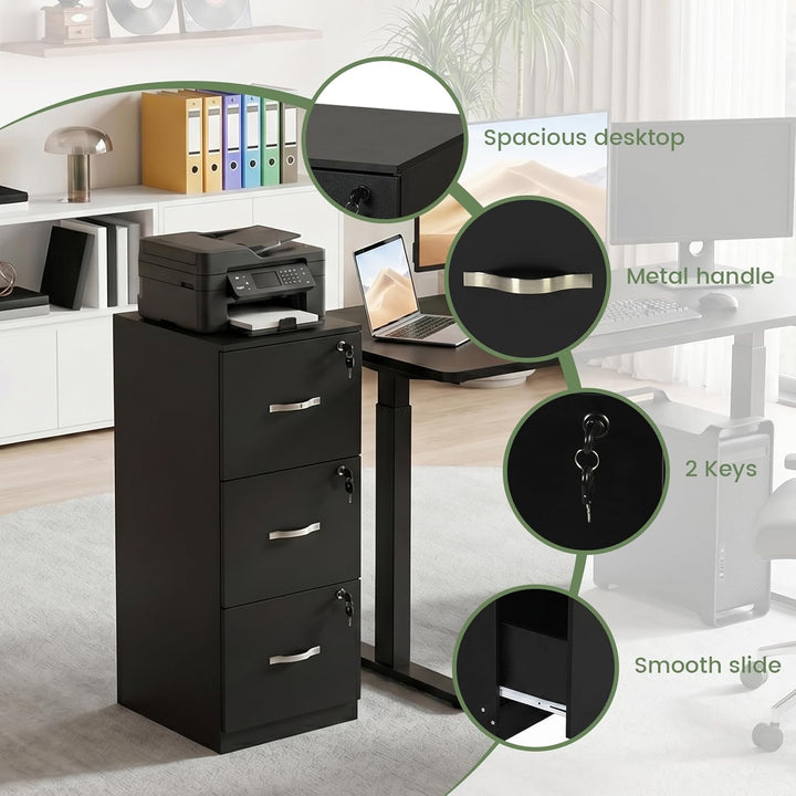 Büroschrank Abschliessbar mit 3 Schubladen, Schubladenschrank 40×41×103.5cm 3 Schubladen-Schwarz, 3