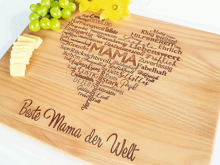 Handgefertigt Holzbrett für die beste Mama der Welt | Grosses Schneidebrett holz mit Lasergravur - 3