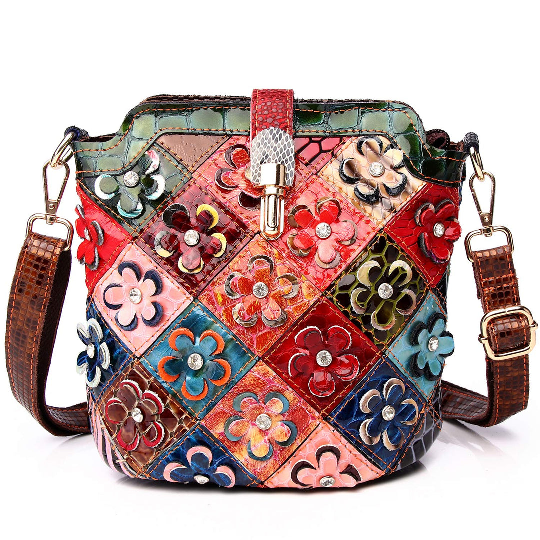 Segater® Mehrfarbig Floral Rind Leder-Umhängetasche für Damen, Vintage Rindsleder Handtasche Blumenm