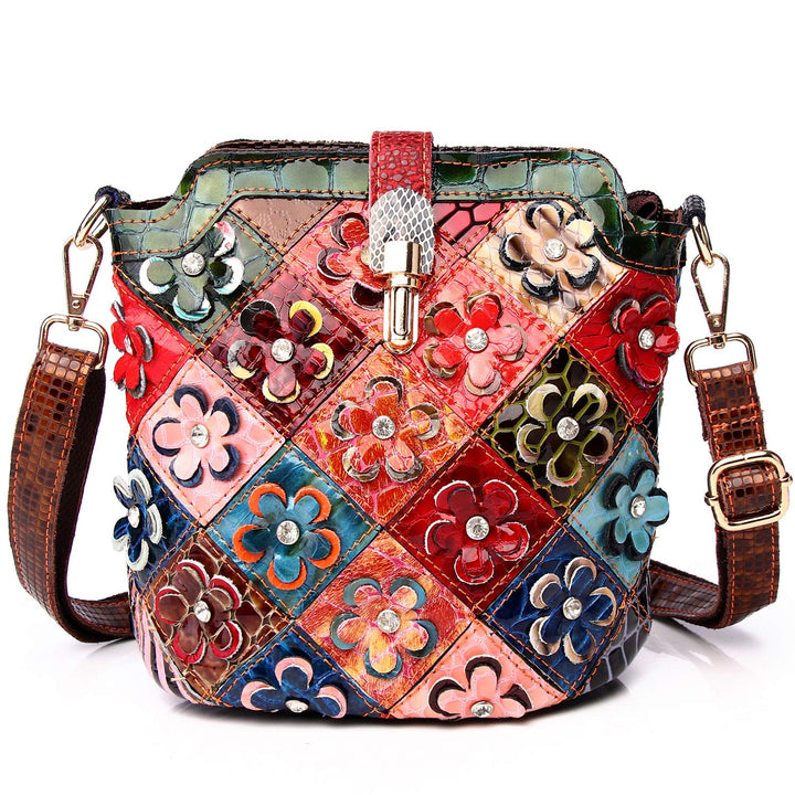 Segater® Mehrfarbig Floral Rind Leder-Umhängetasche für Damen, Vintage Rindsleder Handtasche Blumenm