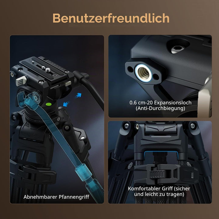 SMALLRIG Heavy-Duty Stativ aus Kohlefaser mit Einstufiger FreeSpeed-Höhenverstellung, 75 Zoll, Fluid