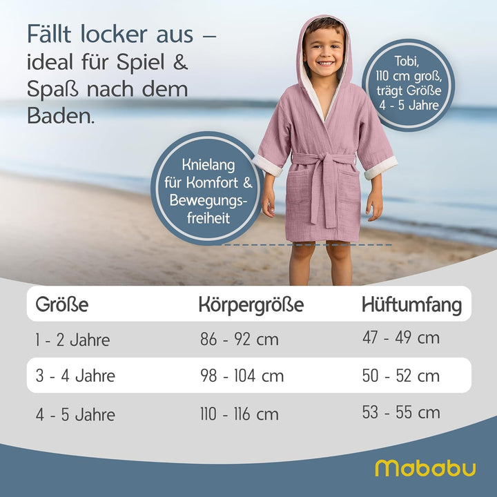 Mababu Bademantel Kinder mit Kapuze | 100% Bio-Baumwolle GOTS Zertifiziert | Premium Musselin Kinder