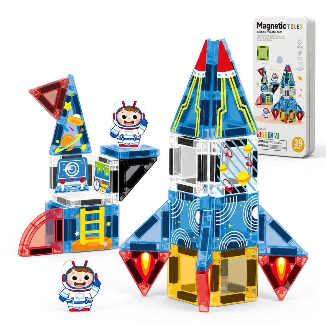 Mini Magnetische Bausteine Reiseset mit Metallbox, 39 Teile Magnetbausteine Rakete, Rakete