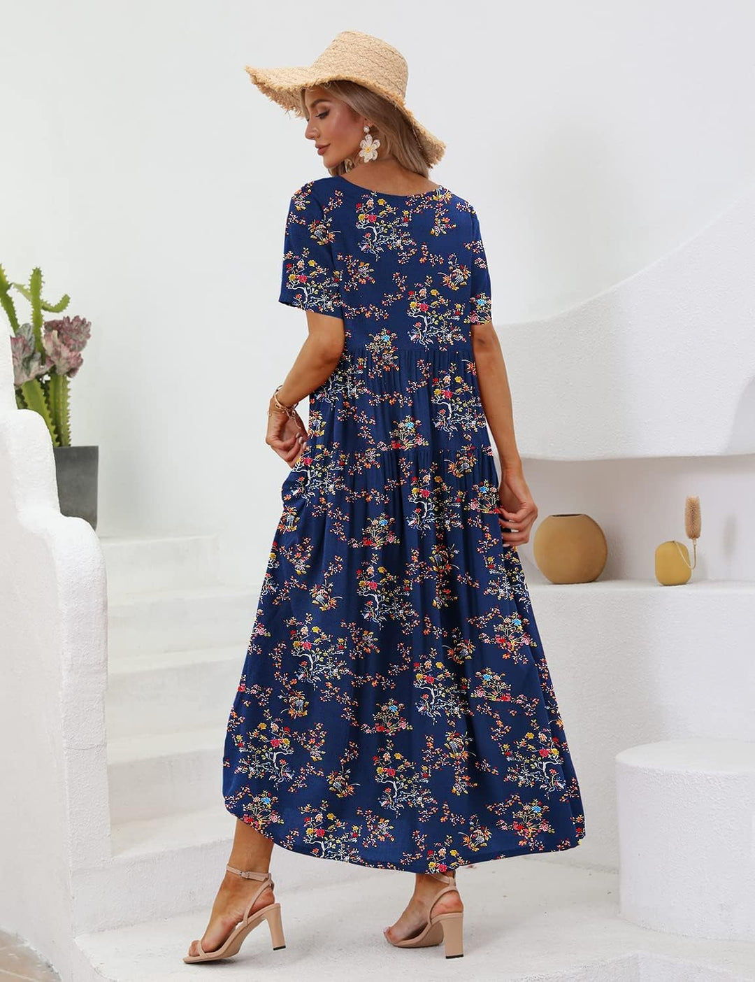 YESNO Damen Kleider Freizeit Lose Sommerkleid Lang Boho Maxikleid für Rundhals Strandkleid Blumenkle
