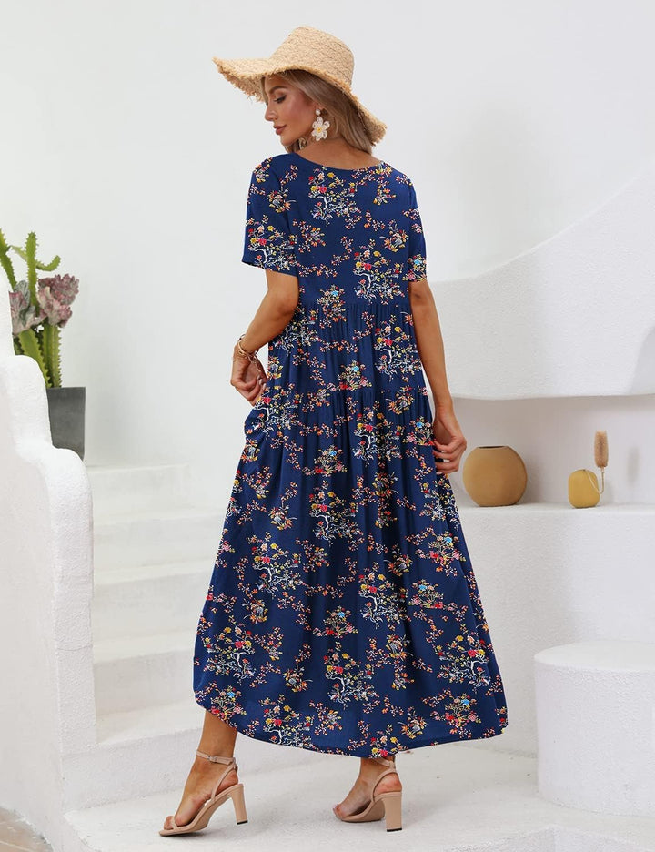 YESNO Damen Kleider Freizeit Lose Sommerkleid Lang Boho Maxikleid für Rundhals Strandkleid Blumenkle