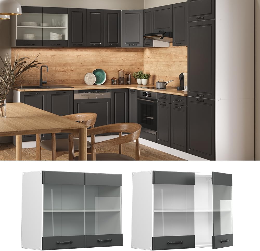 Vicco Küchenschrank Glas R-Line, Anthrazit Landhaus/Weiss, 80 cm Anthrazit Landhaus Hängeglasschrank