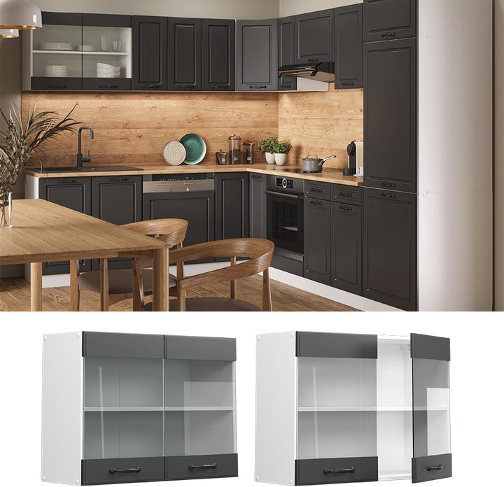 Vicco Küchenschrank Glas R-Line, Anthrazit Landhaus/Weiss, 80 cm Anthrazit Landhaus Hängeglasschrank