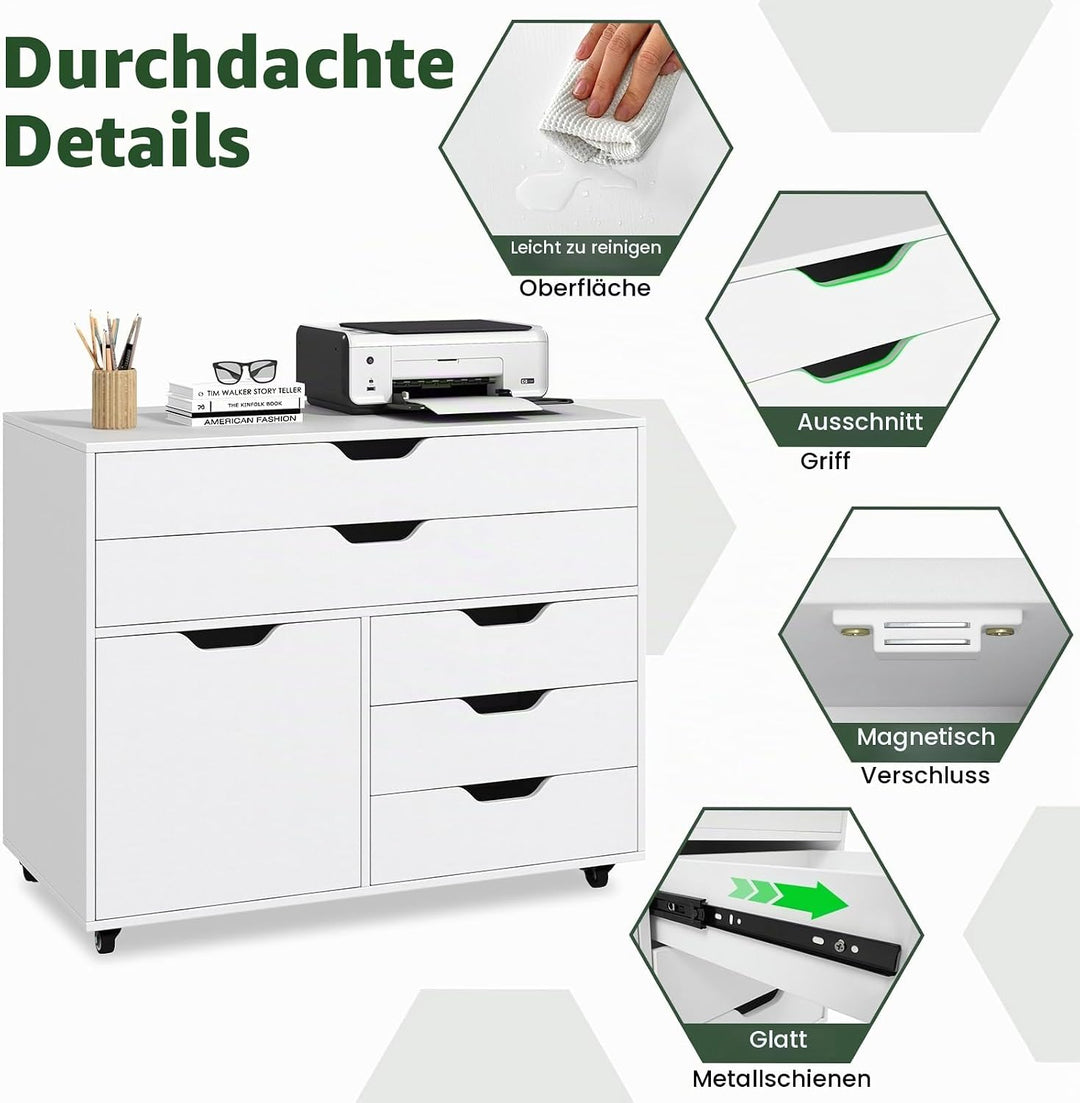 GIANTEX Rollcontainer mit 5 Schubladen &amp; 1 Schrank, mobiler Aktenschrank mit 5 Rollen, Schubladensch