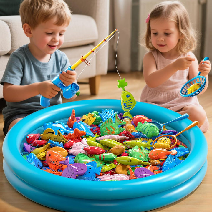 Magnetisches Angelspiel mit aufblasbarem Pool für Kinder 3–8 Jahre | Angelrute &amp; Netz enthalten, Bil