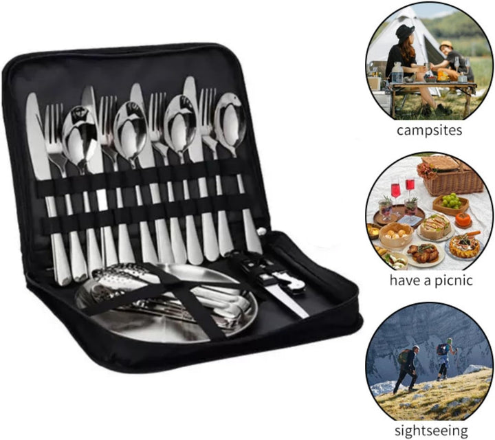 Camping Besteckset 2 Personen, 11 Stück Edelstahl Geschirr Set mit Gabeln, Messer, Löffel, Teller, C
