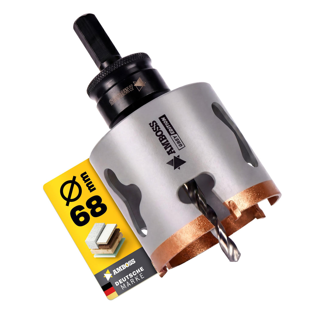 Amboss HM Lochsäge 68 mm | Für Spanplatten, Hartholz, Gipskarton etc. - Inkl. 6 Kant Standard Aufnah