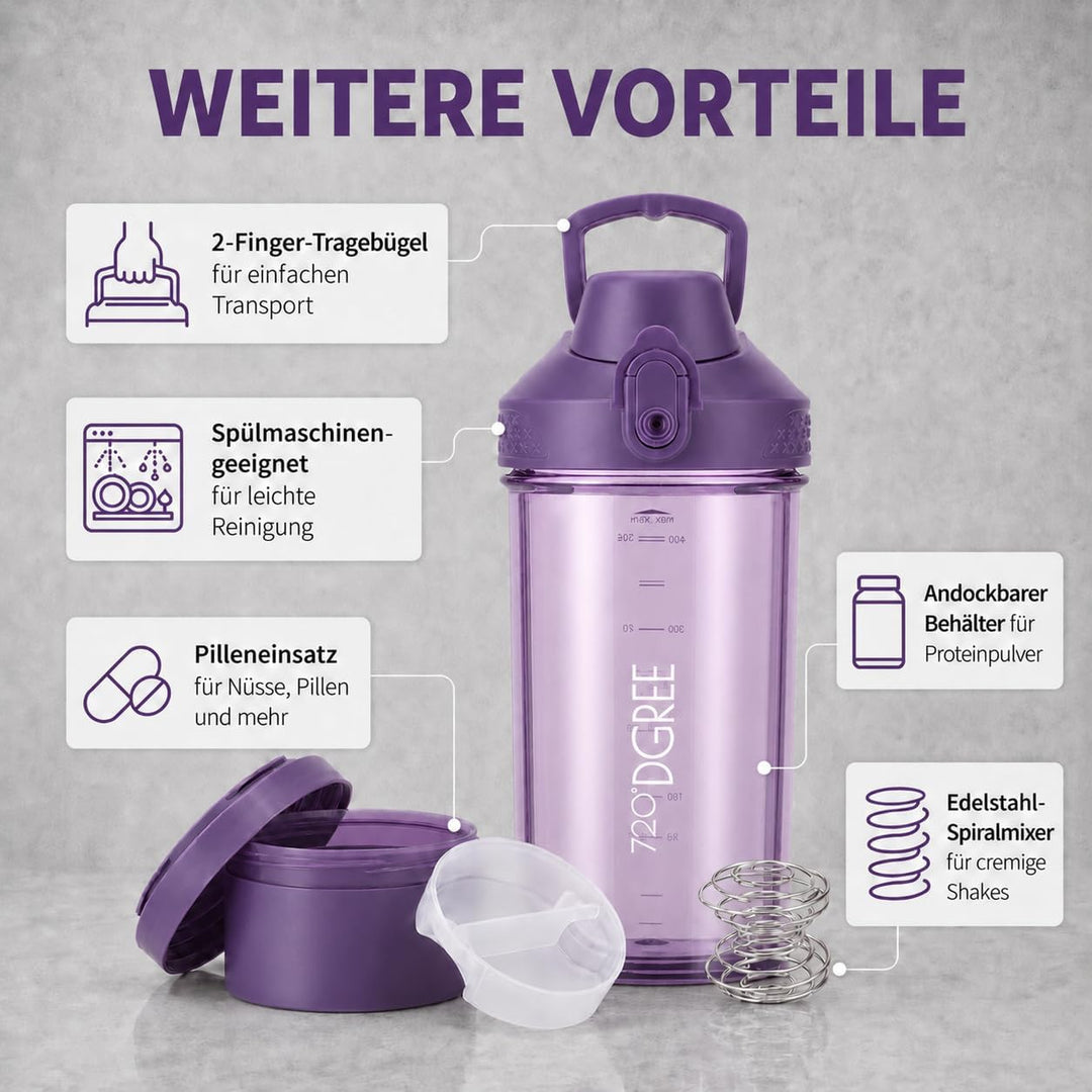 720°DGREE Protein Shaker mit Pulverfach 550ml “uberShaker“ – Auslaufsicher, BPA-Frei, Skala, Spiralm