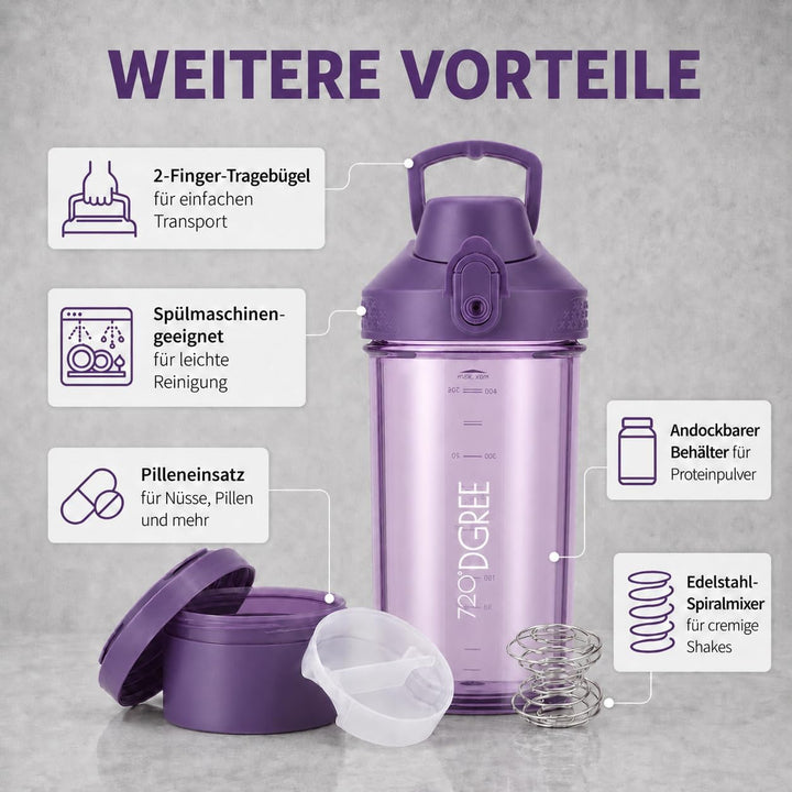 720°DGREE Protein Shaker mit Pulverfach 550ml “uberShaker“ – Auslaufsicher, BPA-Frei, Skala, Spiralm