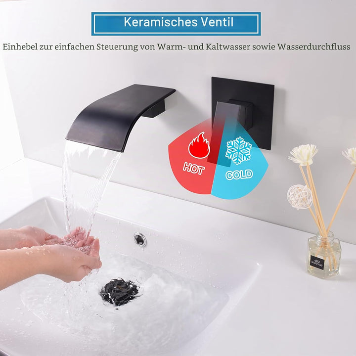 SHANFO Waschtischarmatur Wandmontage Wasserfall Schwarz Armatur Wand Einzigen Handgriff 2-Loch Unter