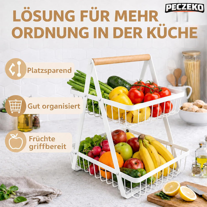 Zweistöckiger Obstkorb mit 2 Ebenen – Platzsparende Obstschale & Obsetagere aus Metall mit Holzgriff