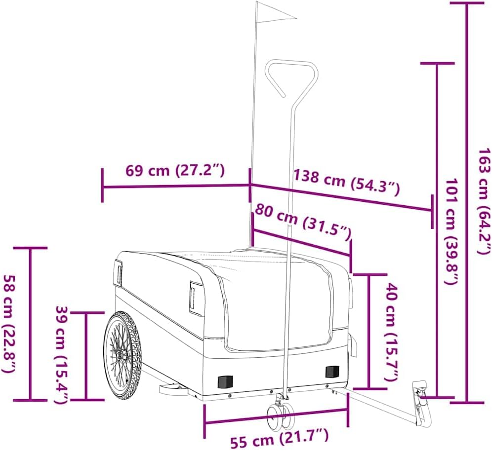 Mangloder Fahrradanhänger schwarz und grün robust aus Eisen mit Deichsel für Transport, Camping, Fam