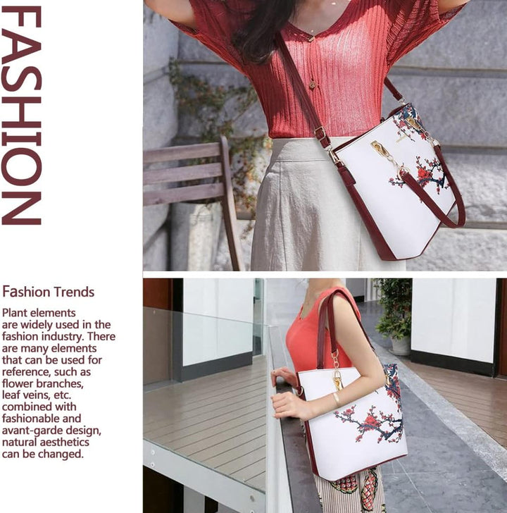 2E-youth Damen Set Tote Handtasche Umhängetasche Geldbörse 1e Weiss & Rot, 1e Weiss & Rot