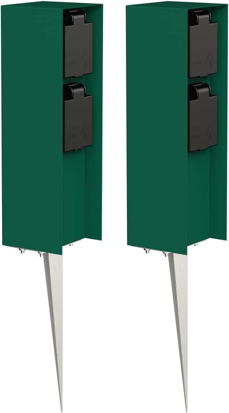 ledscom.de Gartensteckdose POMI mit Erdspiess, Outdoor, IP44, 2-fach, grün, eckig, 23cm, 2 Stk. 2 St