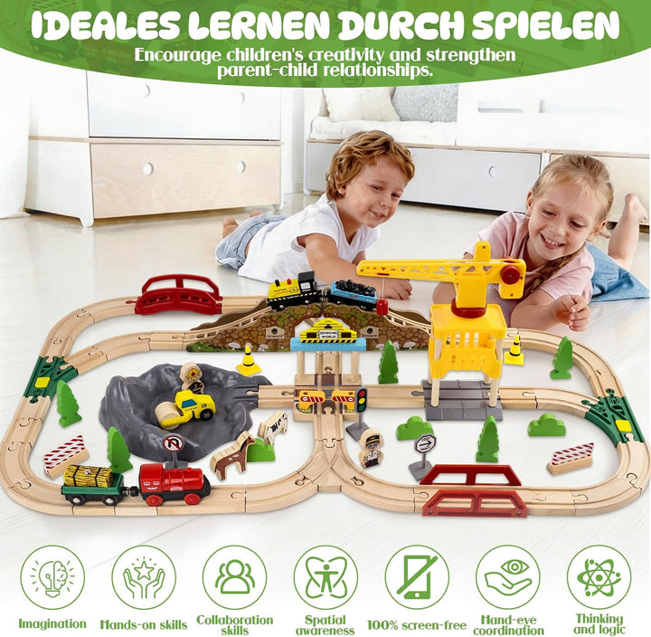 Holzeisenbahn Set, Bergbau-Zugset für Kinder, Spielzeugeisenbahn für Jungen und Mädchen mit Holzeise