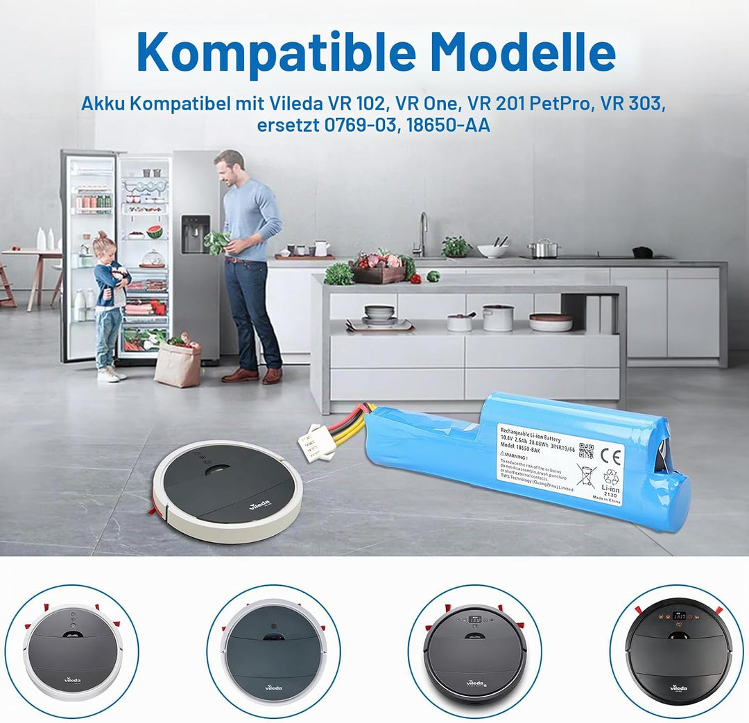 MXJFYY 10,8 V 2600 mAh 28,08 Wh Li-Ionen-Staubsauger-Ersatzakku, kompatibel mit Vileda VR 102, VR On