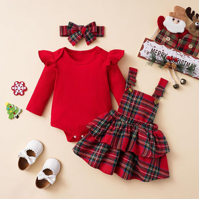 Geagodelia Weihnachtsoutfit Baby Mädchen Rentier Kariert Strapsrock + Langarm Body + Stirnband Neuge