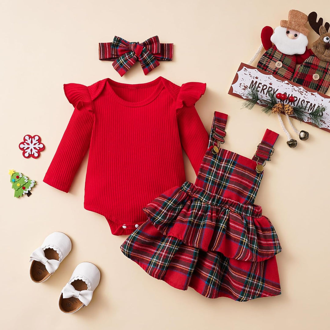 Baby Mädchen Weihnachtsoutfit Langarm Body + Karo Straps Rock + Haarband 3tlg Set Kleinkind Outfit W