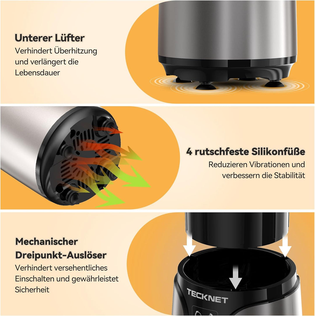 TECKNET 1000W Smoothie Maker, Smoothie Mixer mit 2 BPA-freie Becher (500ml&150ml), Standmixer Klein