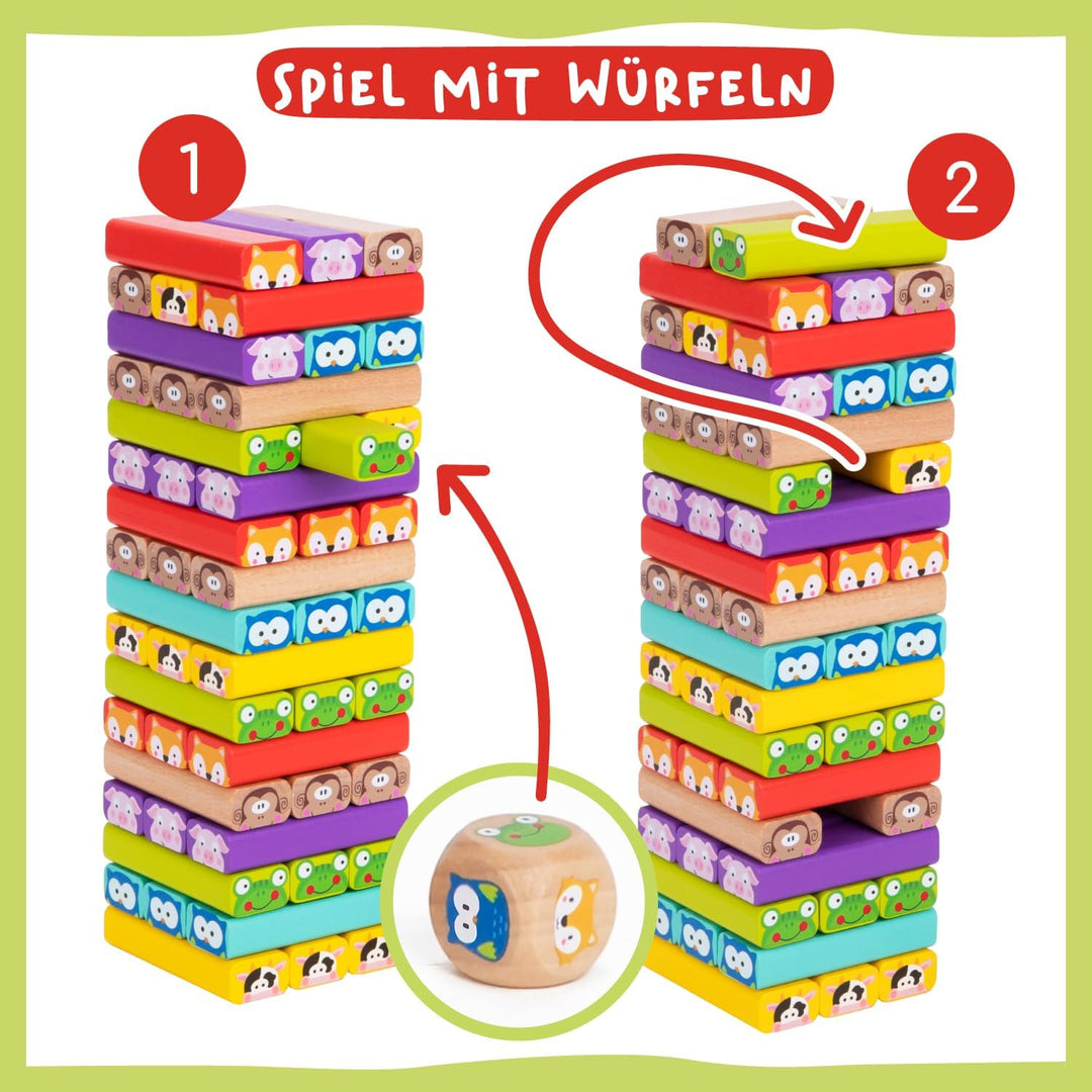 Nene Toys Wackelturm 4 in 1 aus Holz mit Farben und Tieren - Pädagogisches Kinderspiel ab 3 Jahre -