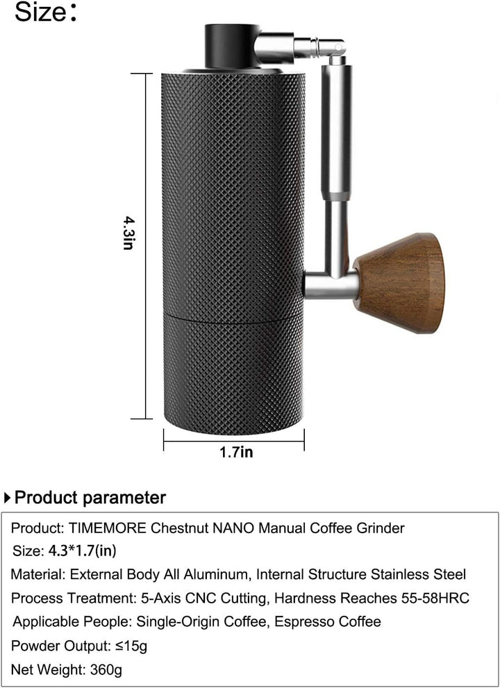 TIMEMORE NANO Manuelle Kaffeemühle, CNC-Schneiden, Edelstahl-Frässte, verstellbare Einstellung, Dual