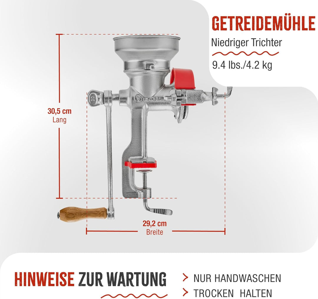 Victoria GRN-101 Manuelle niedrigem Trichter Getreidemühle, Gusseisen, Silber, rot Low, Low