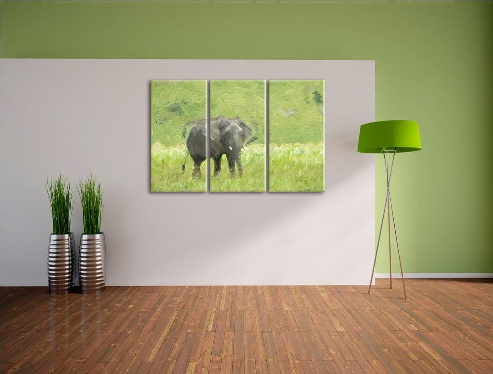 gigantischer Elefant im Gras NewArt 3-Teiler Leinwandbild 120x80 Bild auf Leinwand, XXL riesige Bild