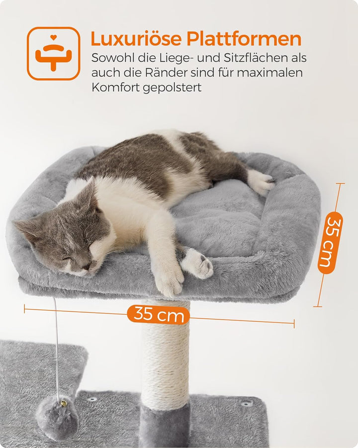 Feandrea Kratzbaum, 143 cm hoch, Katzenbaum, mehrstöckige Katzenhaus, mit 4 Kratzsäulen, 2 Plattform