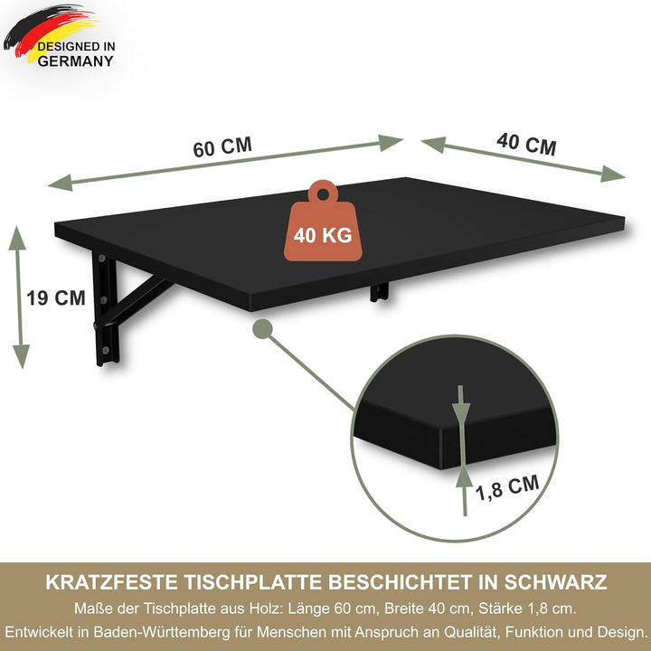 KDR Wandklapptisch 60x40 cm – Klapptisch zur Wandmontage, platzsparender Wandtisch, klappbarer Essti
