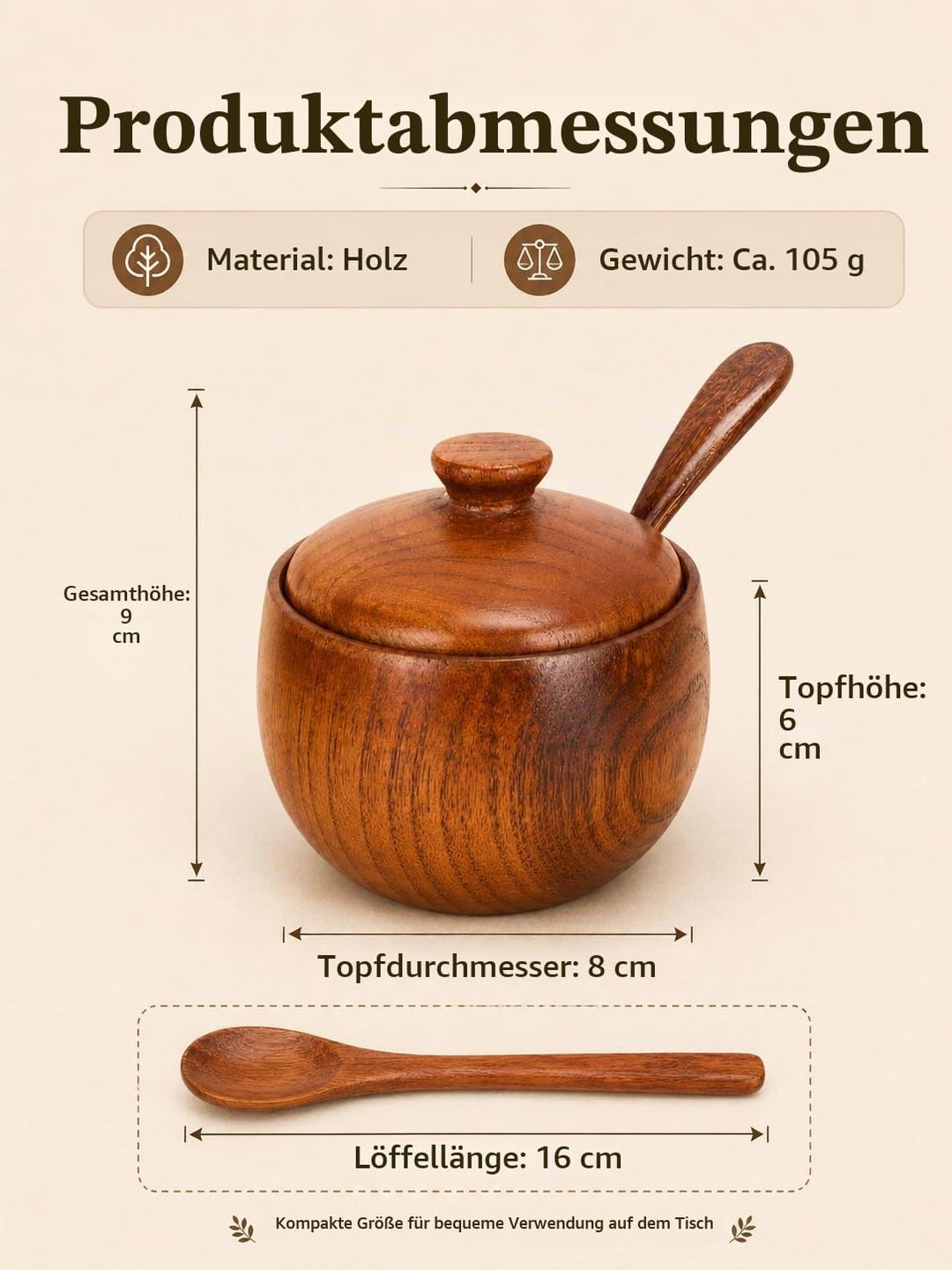Salzdose aus Holz, Salzkeller mit Deckel und Löffel, Vielseitige Massivholz Gewürzgläser, zur Aufbew