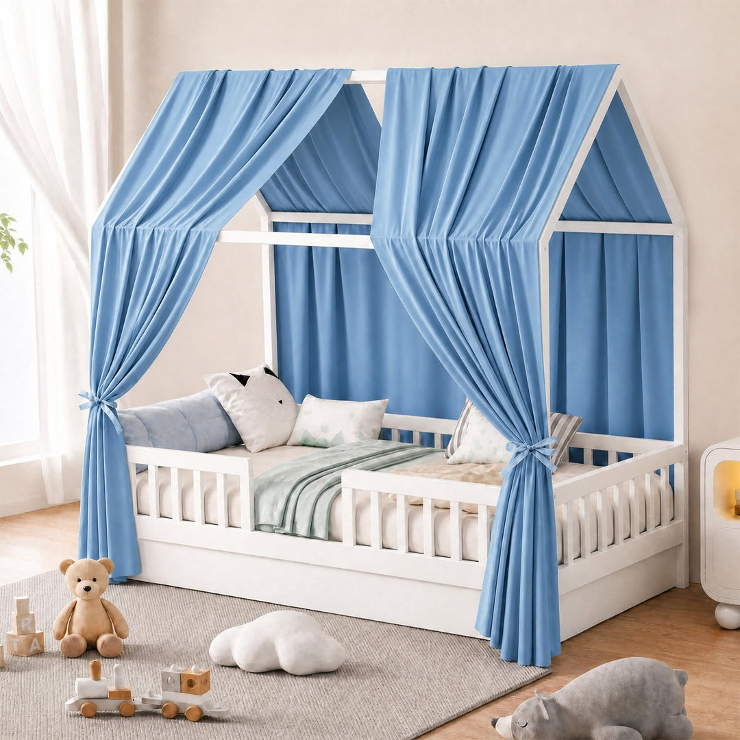Hausbett Himmel Blau, 2er Set H270 x B67 cm Kinder Himmelbett Vorhänge Musselin mit Atmungsaktiv &amp; W