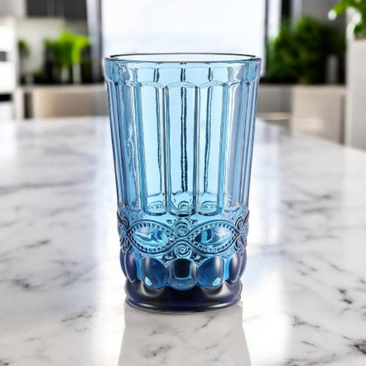 Vintage 6er-Set Farbige Weingläser und Trinkgläser mit Prägung Relief (Schleife, Blau, 400 ml) Weing