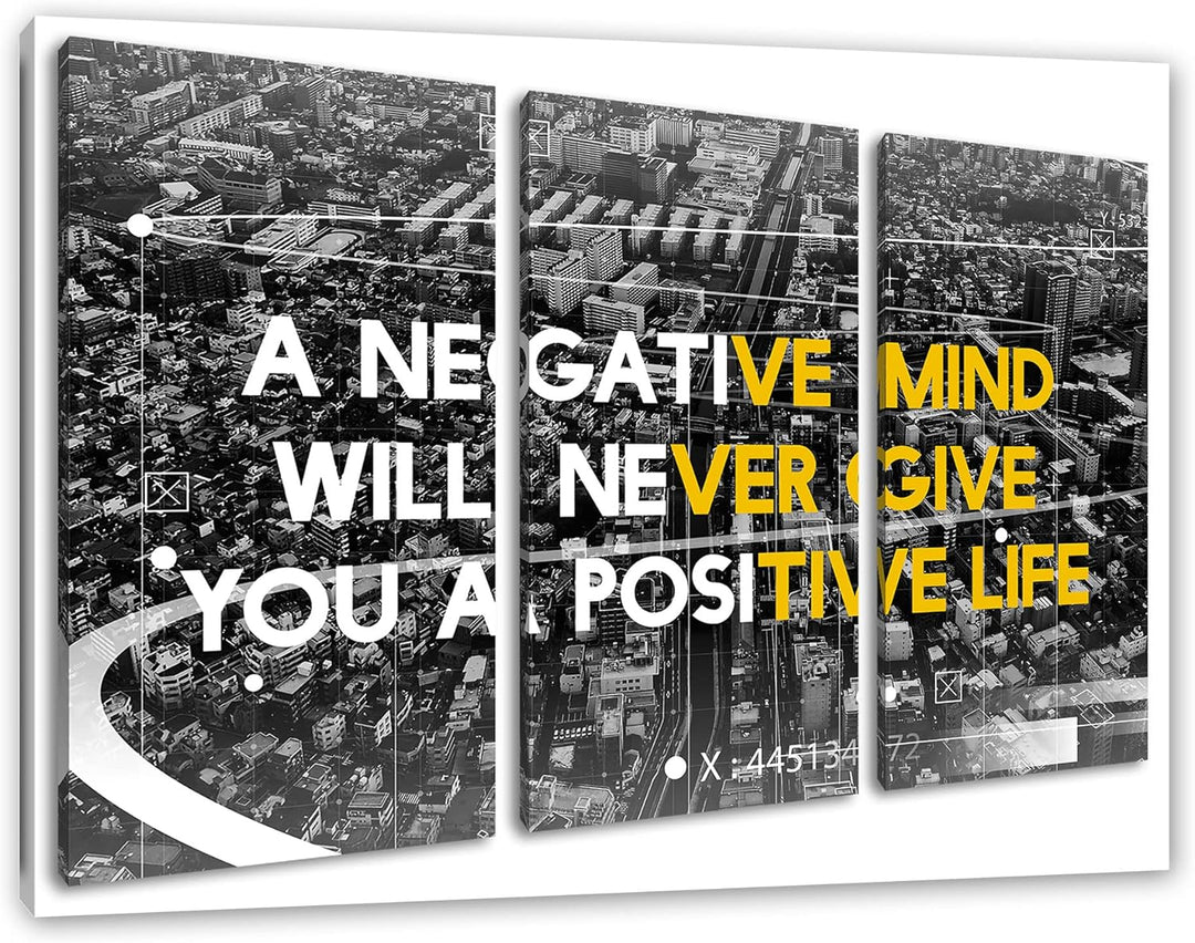 Pixxprint No negative mind Motivatonals Leinwandbild 3 teilig | Grösse: 120x80 cm | Wandbild | Kunst
