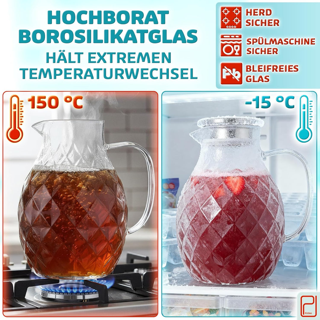 Karaffe aus Borosilikatglas mit Deckel und Ausgiesser - Glaskaraffe mit einzigartigem Rautenmuster f