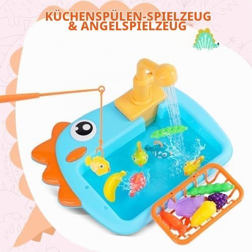 Küchenspüle Spielzeug Set mit Angelspiel, Kinderspüle mit Fliessendem Wasser, Spülbecken Kinderküche