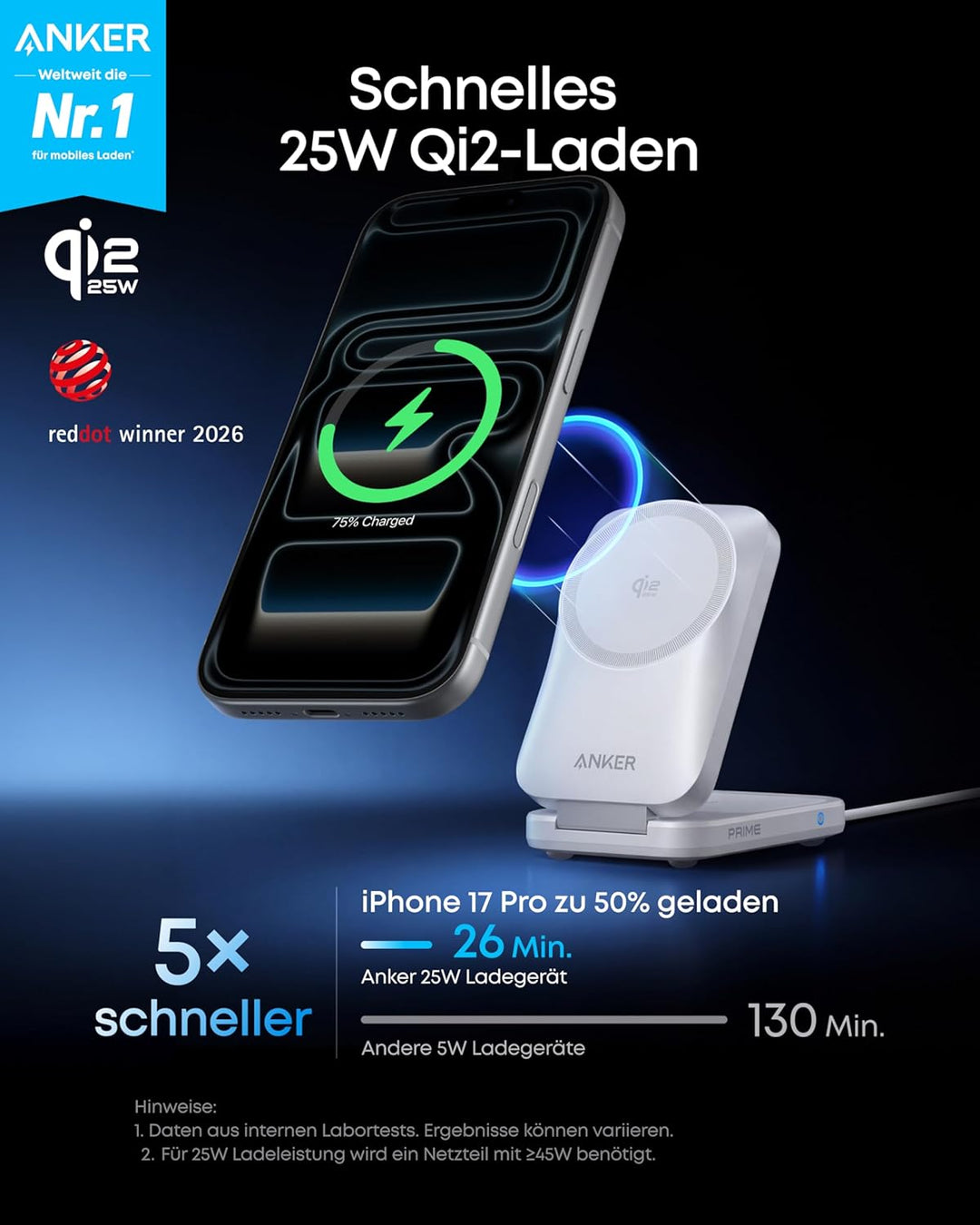 Anker Prime 3-in-1 Ladestation, AirCool kabelloses Ladegerät, 25W Qi2.2-Zertifiziert, kompakt & falt