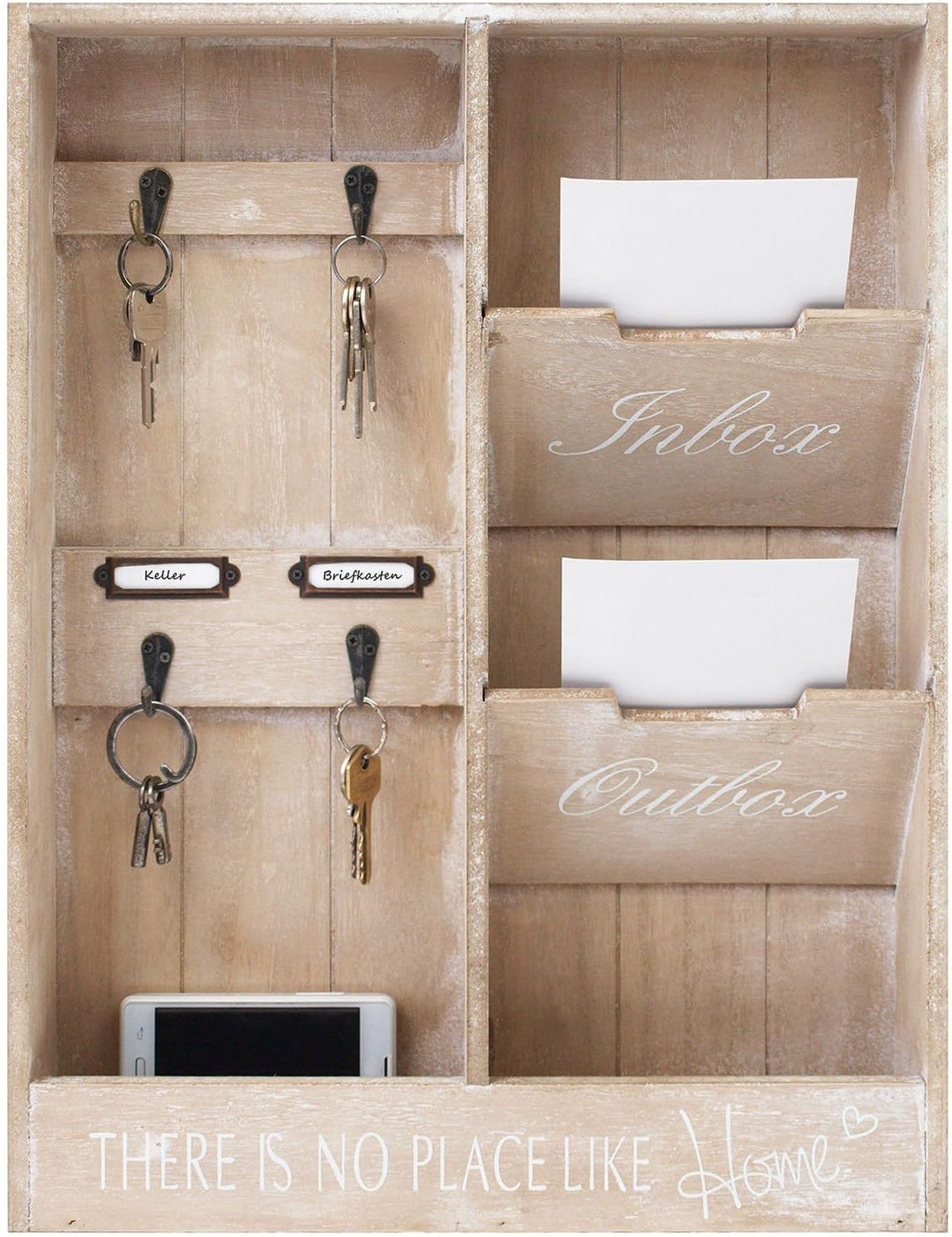 Wandorganizer 'In & Out' - Memoboard mit Schlüsselbrett und 2 Holztaschen, 48x36x7cm, Holz Memotafel