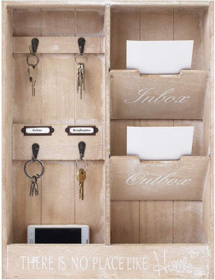 Wandorganizer 'In & Out' - Memoboard mit Schlüsselbrett und 2 Holztaschen, 48x36x7cm, Holz Memotafel