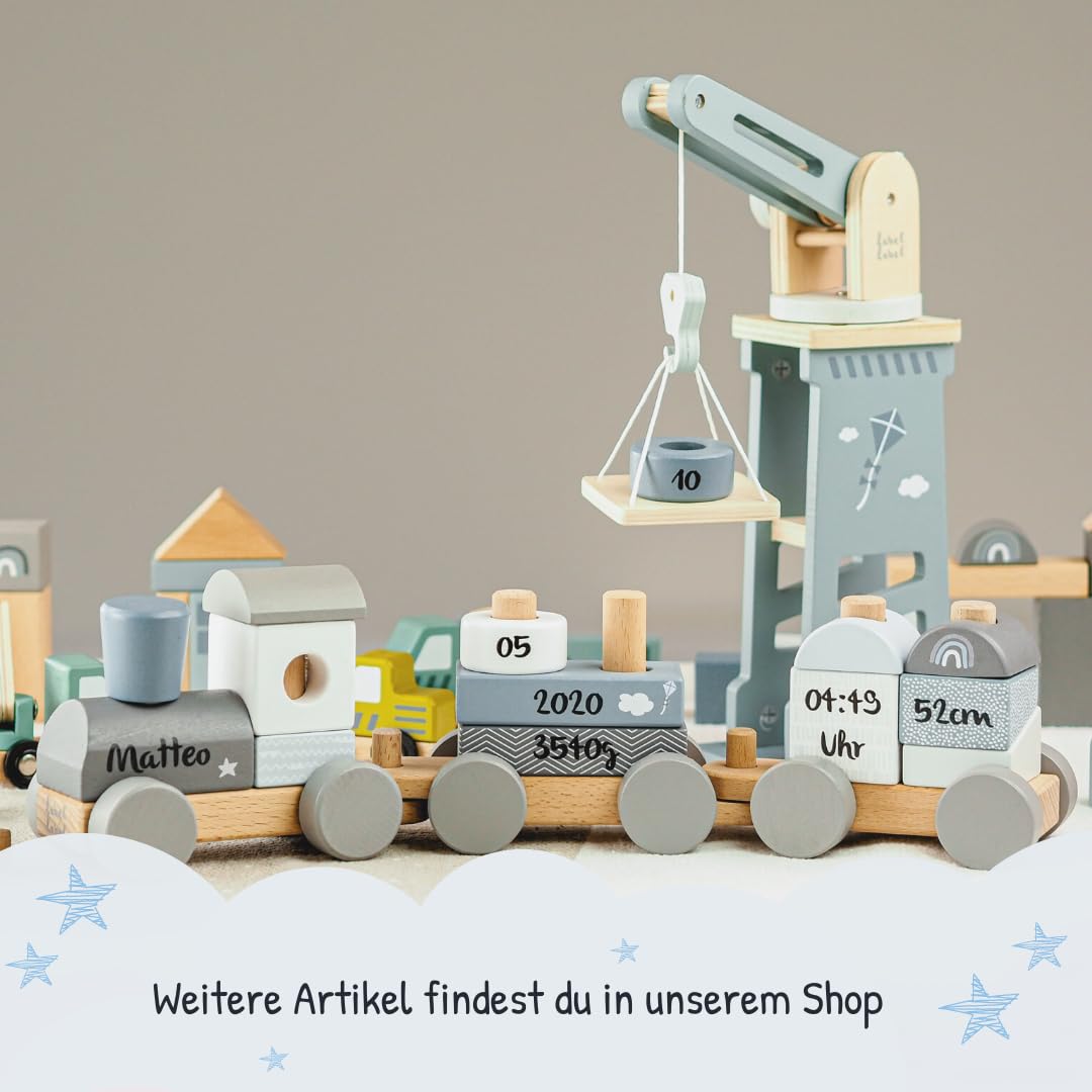 KIDSLINO Holz Eisenbahn blau - personalisierbar, zur Geburt Jungen, Handmade Holzspielzeug mit Steck