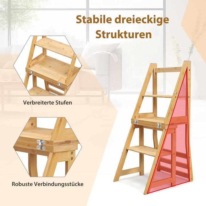 RELAX4LIFE klappbarer Leiterstuhl, Bibliotheksleiter Bambus, 3-stufiger Tritthocker mit Sicherheitss