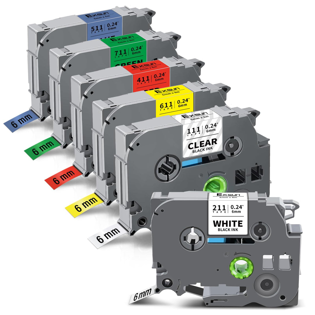 Exsun 6er-Pack Kompatibel TZe-211 TZe-111 TZe-411 TZe-511 TZe-611 TZe-711 als Ersatz für Brother Tze