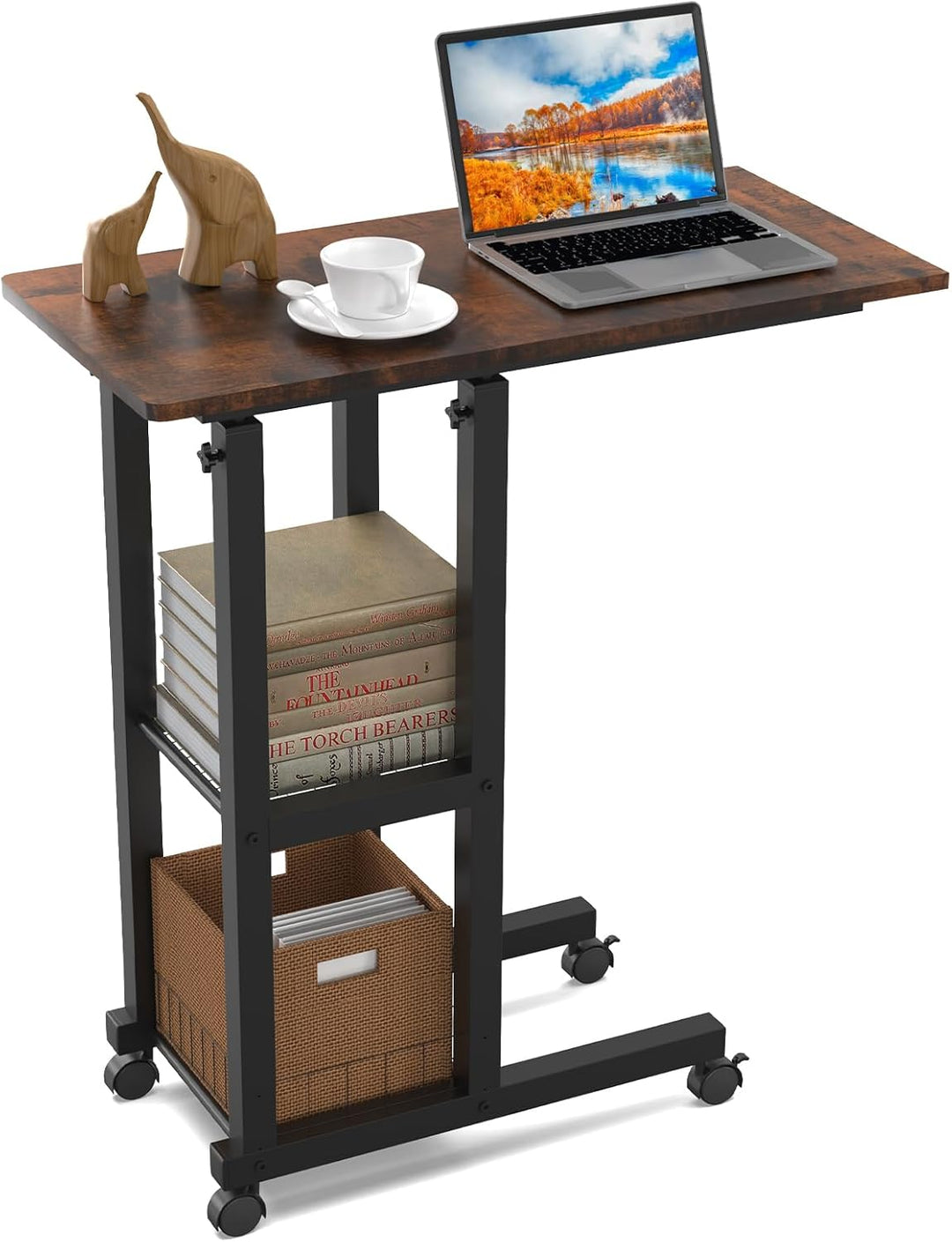 PIPIPOXER Beistelltisch mit Rollen, 60cm x 30 cm Sofatisch mit Rollen, Laptoptisch Höhenverstellbar