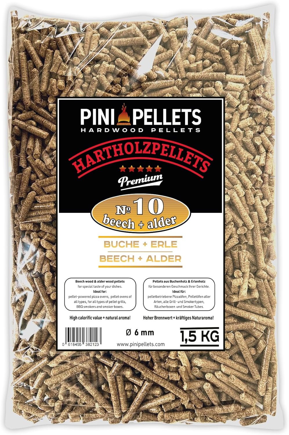 PINI Grillpellets № 10 Buche Erle Mix 10 kg BBQ Hartholzpellets zum Grillen Räuchern Smoken