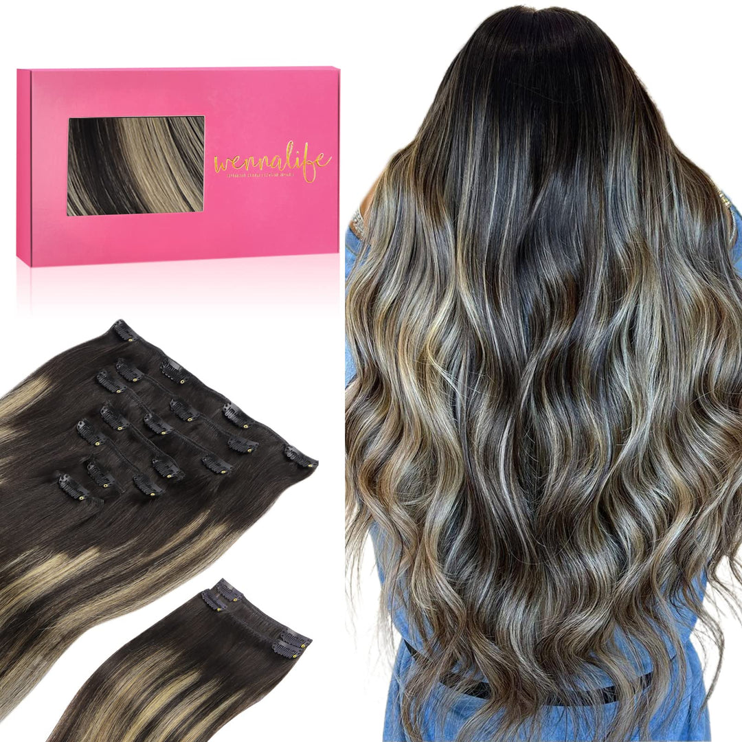 WENNALIFE Clip In Extensions Echthaar, 150g 35cm 9pcs Balayage Natürliches Schwarz bis Hellblond Cli
