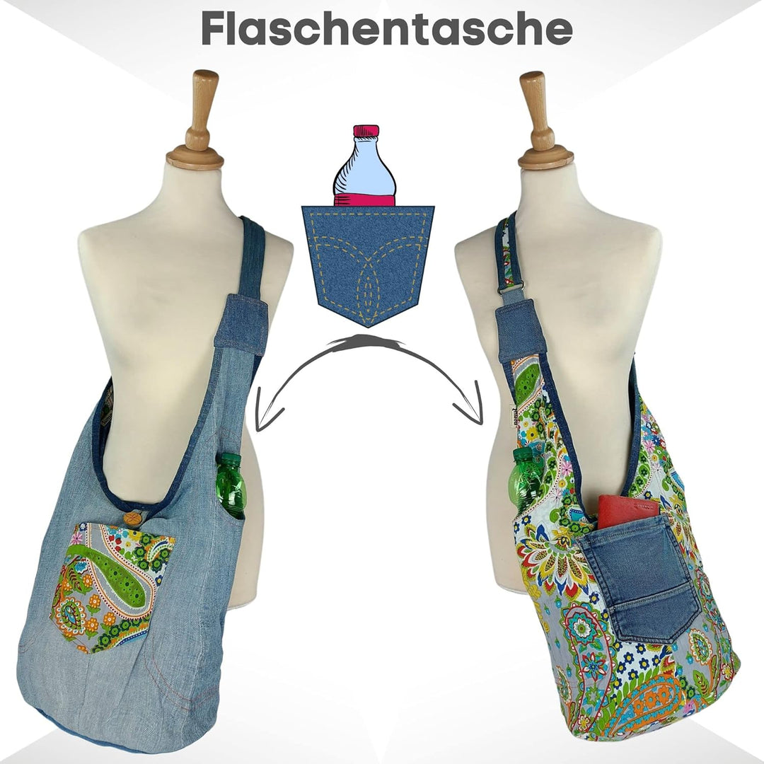 Sunsa Damen nachhaltig Hobo Tasche, Umhängetasche aus recycelte Jeans & Baumwolle. Boho Crossbody Ba