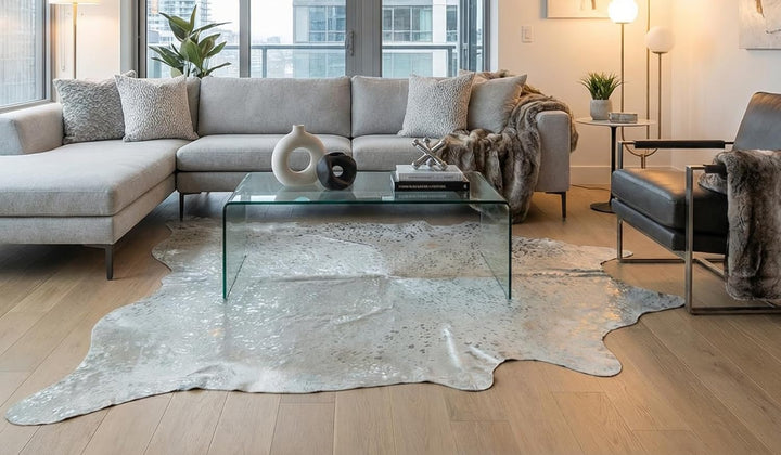 generisch Premium Kuhfell Stierfell Fell Teppich Silber Devore grau Metallic Effekt ca. 230 x 200 cm